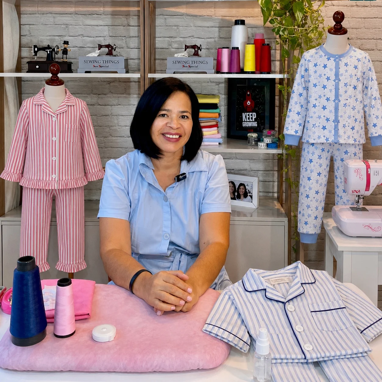 Amélia no estúdio de costura — professora de modelagem e costura infantil
